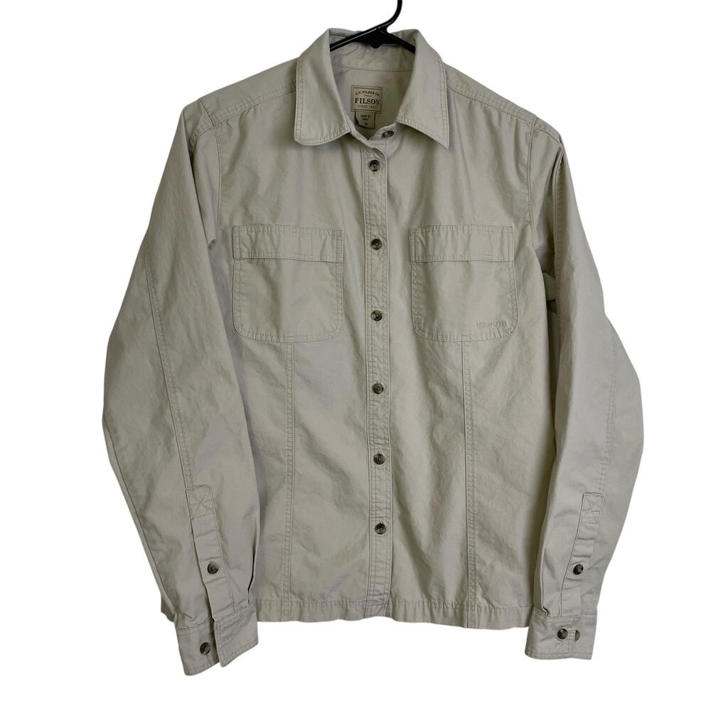 Filson Cover Cloth Work Shirt Womens Medium Khaki Long Sleeve Button Up Cotton